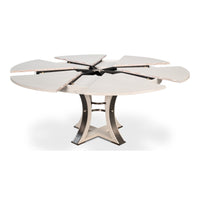 The Tower Working White Jupe Dining Table by Sarreid, Ltd. expands outward and features a modern metal base.