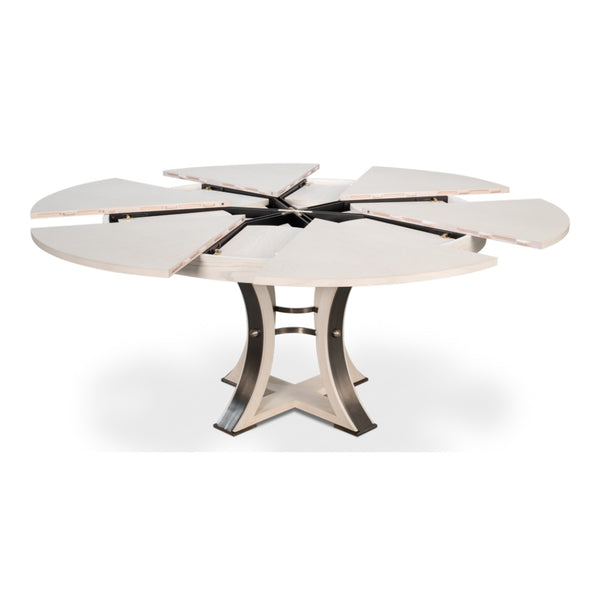 The Tower Working White Jupe Dining Table by Sarreid, Ltd. expands outward and features a modern metal base.