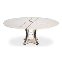 Tower Working White Finish Medium Jupe Dining Table by Sarreid, Ltd. features a segmented top and modern mixed-material base.
