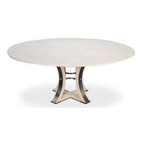Tower Working White Finish Medium Jupe Dining Table by Sarreid, Ltd. features a wood top and modern curved metal base.