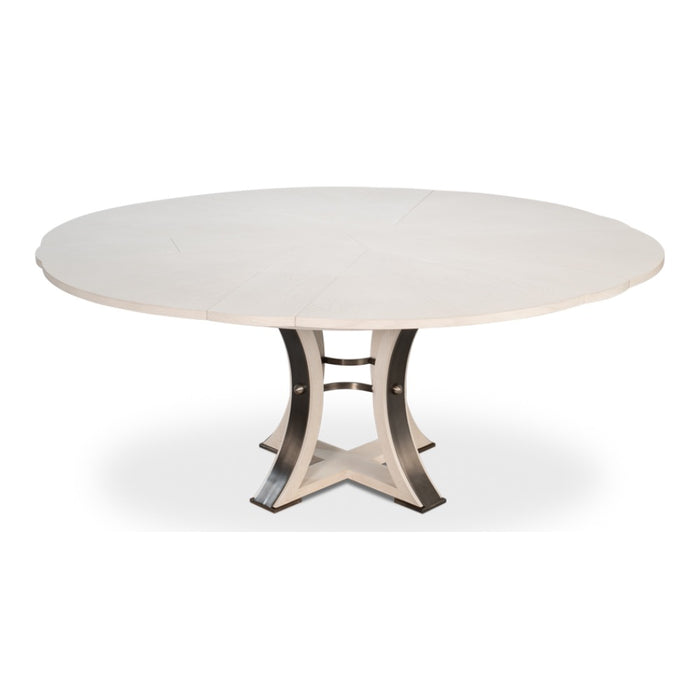 Tower Working White Finish Medium Jupe Dining Table by Sarreid, Ltd. features a wood top and modern curved metal base.
