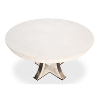 Sarreid, Ltd. Tower Working White Finish Medium Jupe Dining Table with modern crossed base and expandable design.