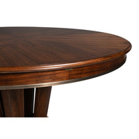 Close-up of the Sarreid, Ltd. Soho Brown Finish Large Jupe Dining Table with metal trim and transitional style.