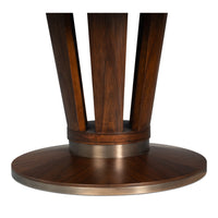 Close-up of Sarreid, Ltd. Soho Brown Finish Large Jupe Dining Table base with wood panels and metal rim.