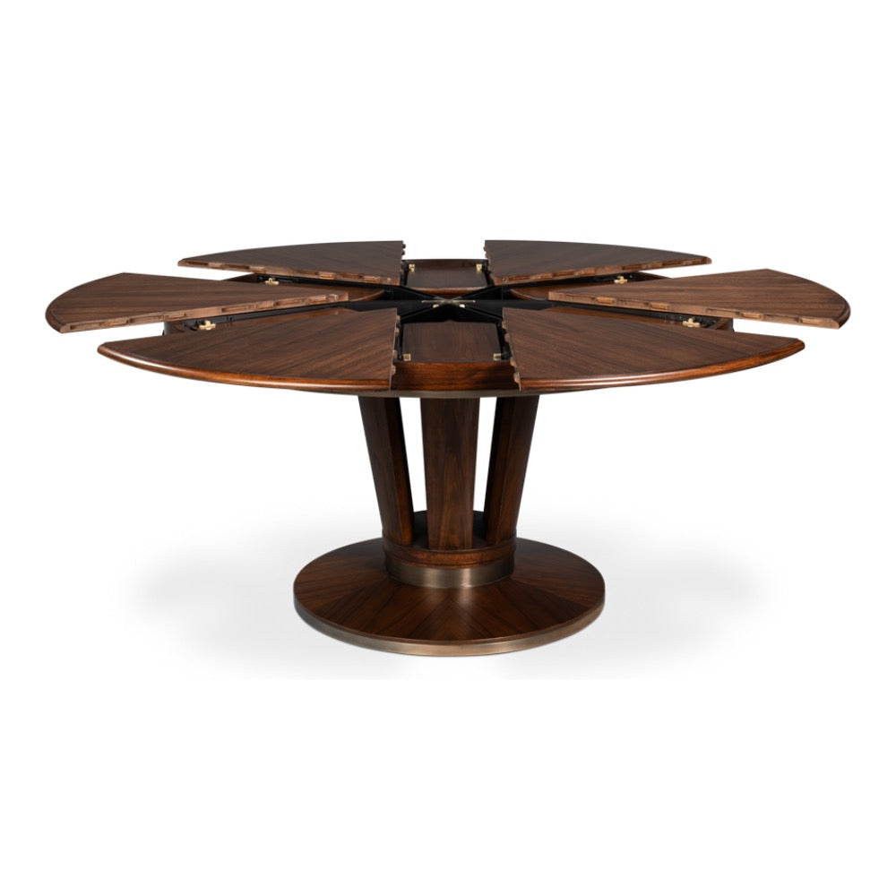 The Sarreid, Ltd. Soho Brown Finish Medium Jupe Dining Table with transitional style, leaf sections partially opened.