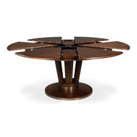 The Sarreid, Ltd. Soho Brown Finish Medium Jupe Dining Table with transitional style, leaf sections partially opened.