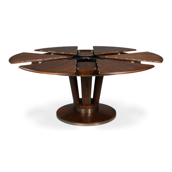 The Sarreid, Ltd. Soho Brown Finish Medium Jupe Dining Table with transitional style, leaf sections partially opened.
