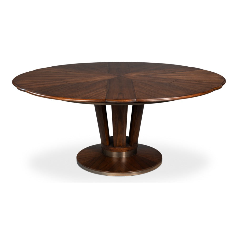 Soho Brown Finish Large Jupe Dining Table by Sarreid, Ltd. features a geometric base and polished dark wood finish.