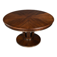 The Sarreid, Ltd. Soho Brown Finish Medium Jupe Dining Table features a starburst top and pedestal base for transitional appeal.