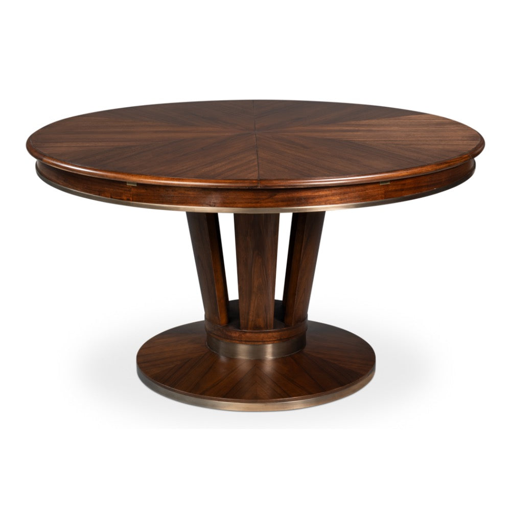 Soho Brown Finish Medium Jupe Dining Table by Sarreid, Ltd. features a sunburst top and wide pedestal base.