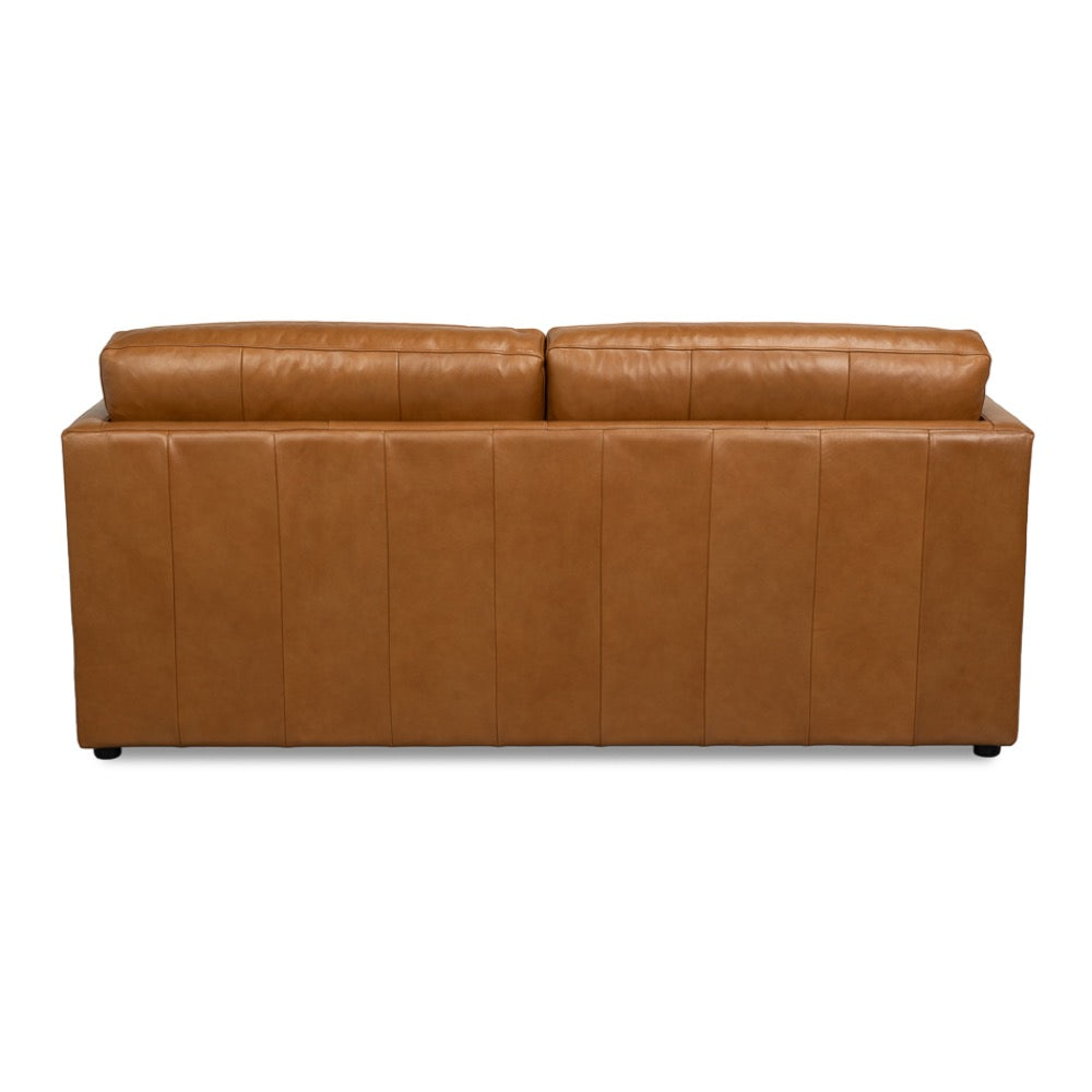 back view wide two seater brown leather couch