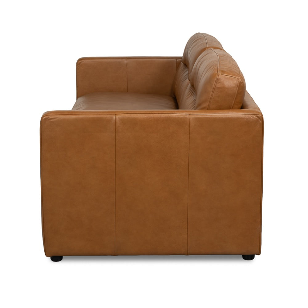side view wide two seater brown leather couch