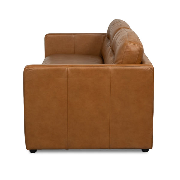 side view wide two seater brown leather couch