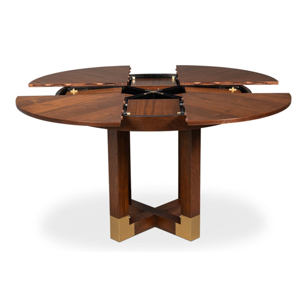 walnut jupe expandable dining table brass accents
