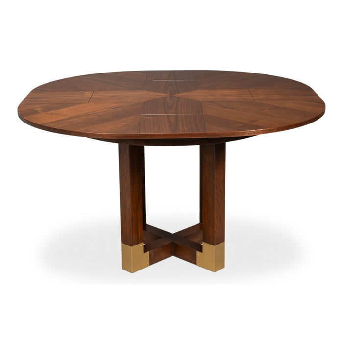 walnut jupe expandable dining table brass accents