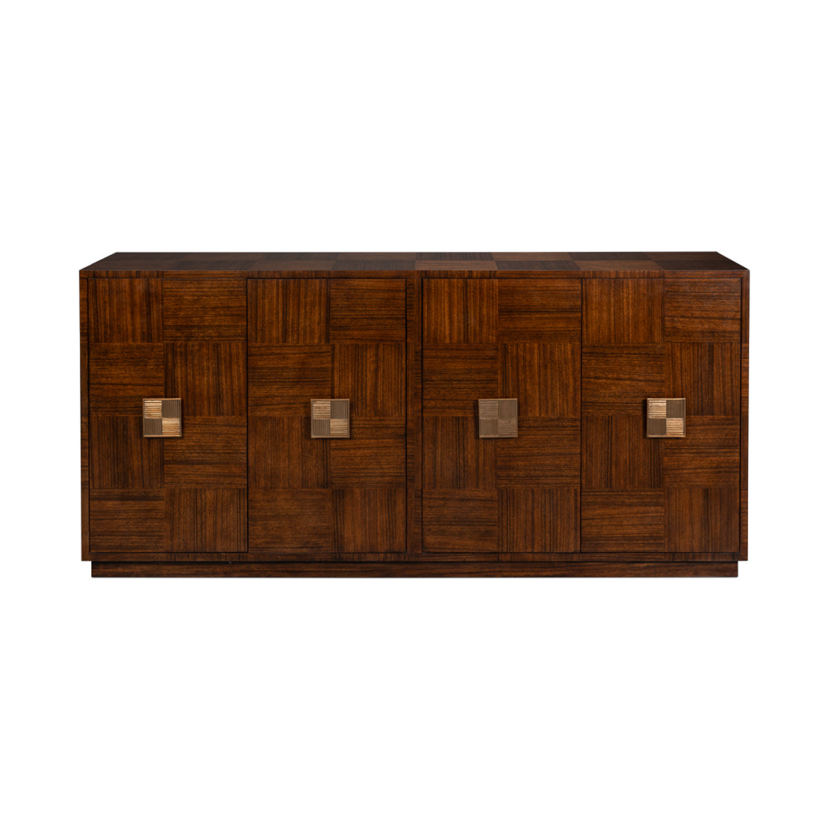 A dark brown wooden sideboard with a geometric parquet pattern and four square metallic pull handles, shown against a plain white background.
