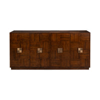 A dark brown wooden sideboard with a geometric parquet pattern and four square metallic pull handles, shown against a plain white background.