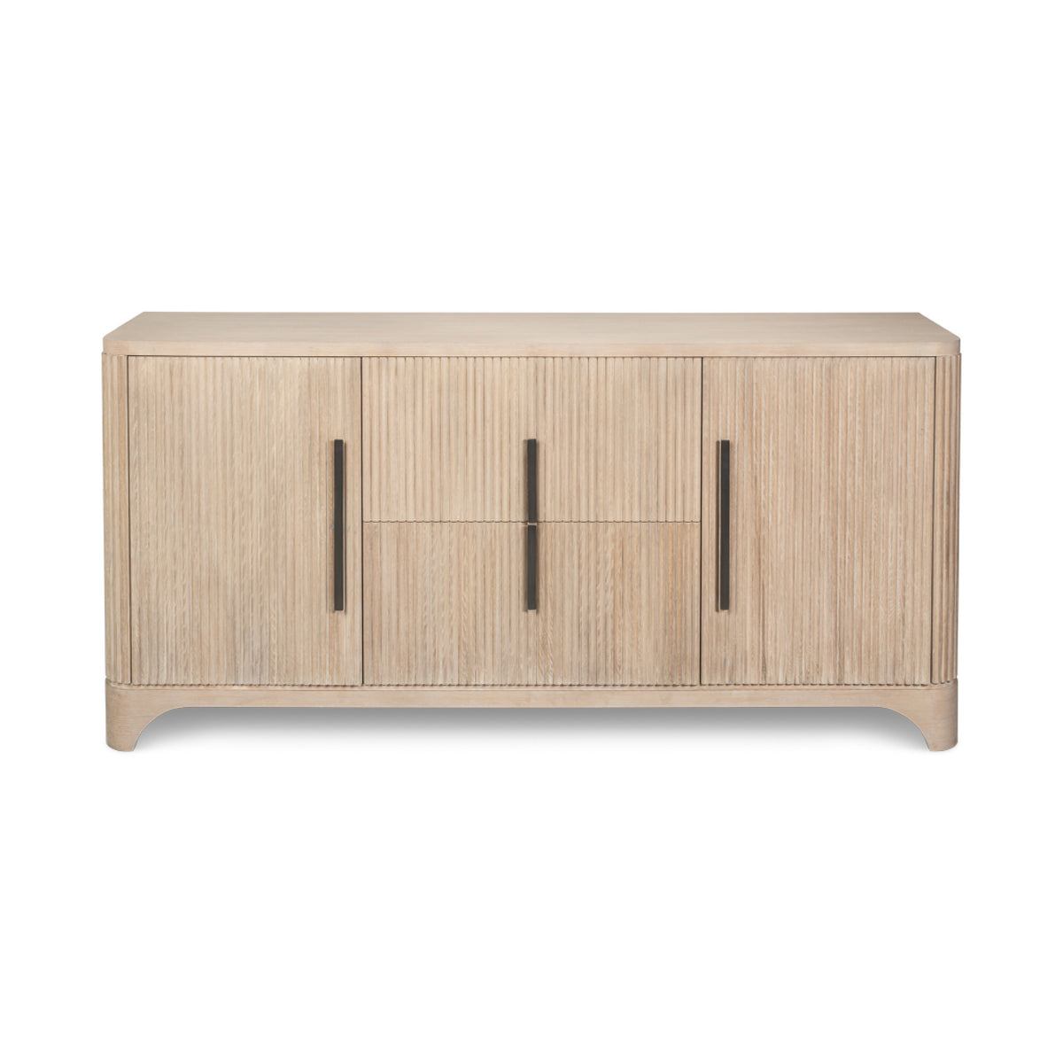 A modern light oak wood sideboard with three doors, vertical fluted grain, and slim dark metal handles, shown against a plain white background.