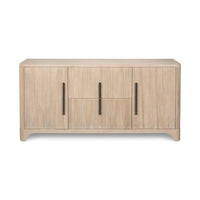 A modern light oak wood sideboard with three doors, vertical fluted grain, and slim dark metal handles, shown against a plain white background.