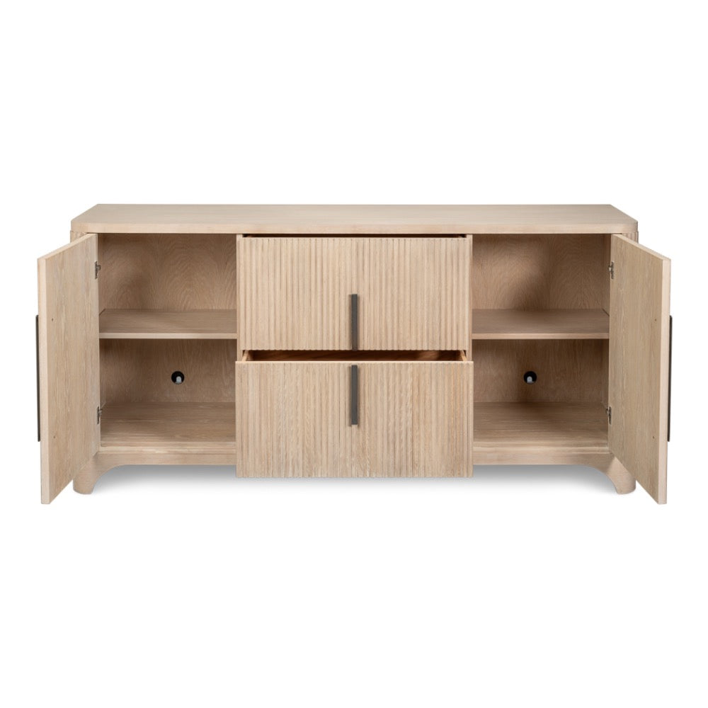 A light natural wood media console with two doors open, showing open shelves on both sides and two ribbed cabinet doors in the center with slim dark handles.