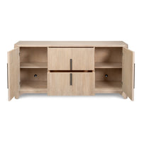 A light natural wood media console with two doors open, showing open shelves on both sides and two ribbed cabinet doors in the center with slim dark handles.