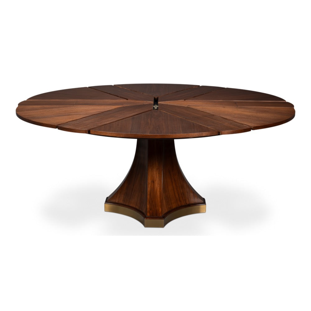 A round wooden pedestal table with a segmented top and a sculptural flared base, shown on a plain white background.