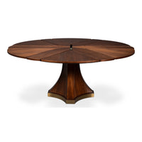 A round wooden pedestal table with a segmented top and a sculptural flared base, shown on a plain white background.