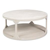 Round wooden coffee table with two levels on a white background