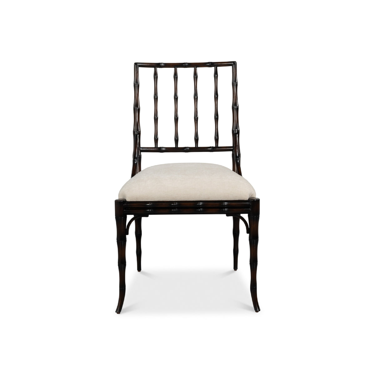 A dark wood dining chair with a curved bamboo-style backrest and a light beige upholstered seat cushion, shown against a plain white background.