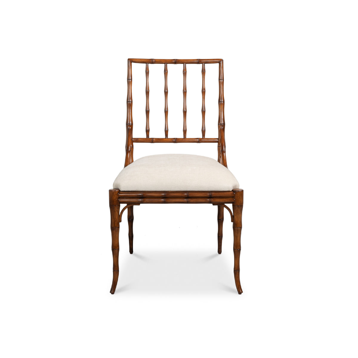 A single dining chair with a brown bamboo-look frame, a vertical slatted backrest, and a light beige upholstered seat cushion, shown against a plain white background.