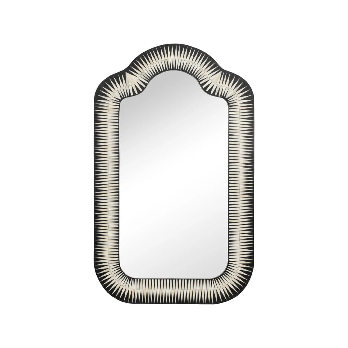 An arched rectangular wall mirror with a black and white sunburst patterned frame, shown against a plain white background.