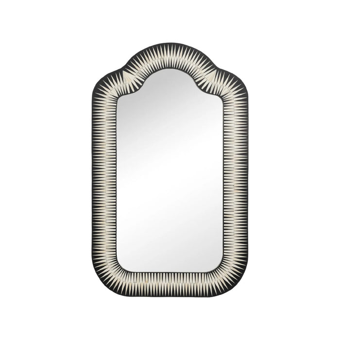 An arched rectangular wall mirror with a black and white sunburst patterned frame, shown against a plain white background.