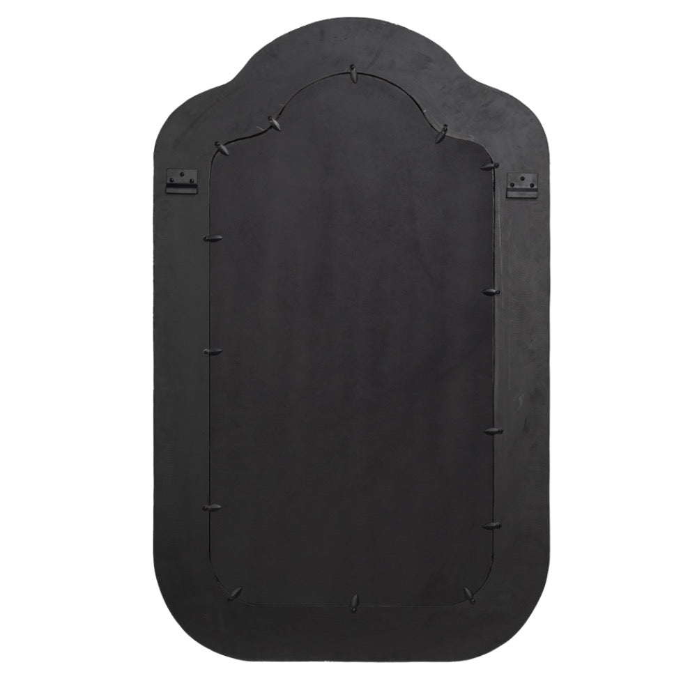 back view of arched wall mirror with mounting hardware visible on the back, shown against a plain white background.