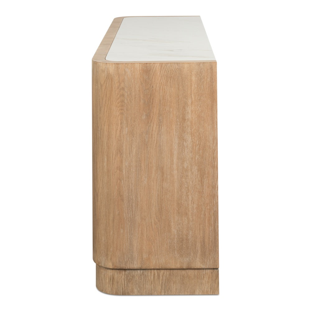 A modern sideboard or console table with a light oak wood grain finish and a white marble top, shown from a side profile view on a white background.