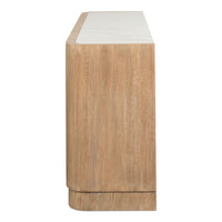 A modern sideboard or console table with a light oak wood grain finish and a white marble top, shown from a side profile view on a white background.