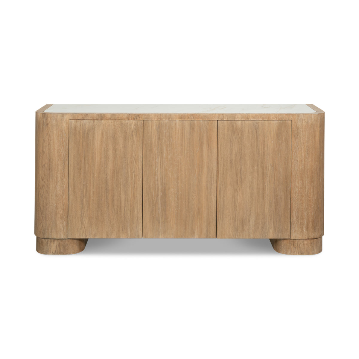 A modern sideboard or credenza with a light oak wood grain finish, featuring three front doors and a contrasting white marble top, shown against a plain white background.