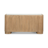 A modern sideboard or credenza with a light oak wood grain finish, featuring three front doors and a contrasting white marble top, shown against a plain white background.