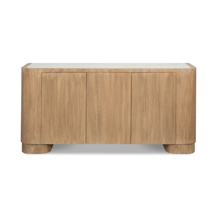 A modern sideboard or credenza with a light oak wood grain finish, featuring three front doors and a contrasting white marble top, shown against a plain white background.