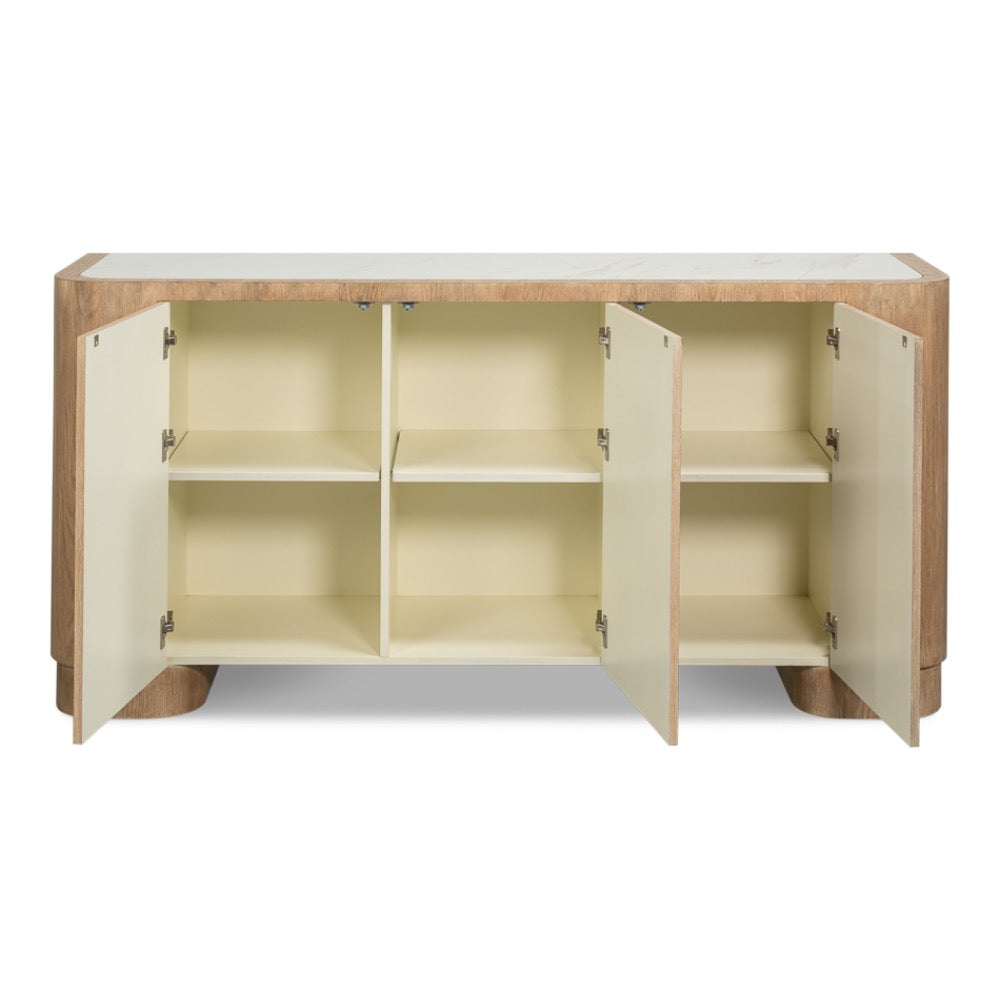 A modern sideboard cabinet with a light oak wood frame and cream-colored interior, shown with both doors open to reveal six shelves.