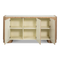 A modern sideboard cabinet with a light oak wood frame and cream-colored interior, shown with both doors open to reveal six shelves.