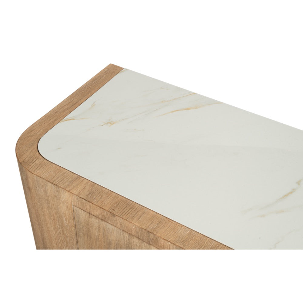 Corner of a table with marble top and wooden frame on a white background