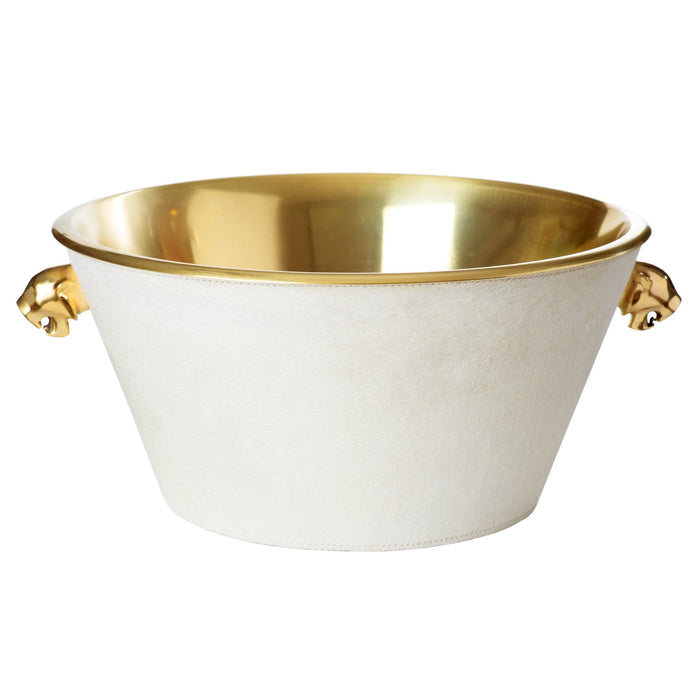 White round beverage tub with gold handles and gold interior
