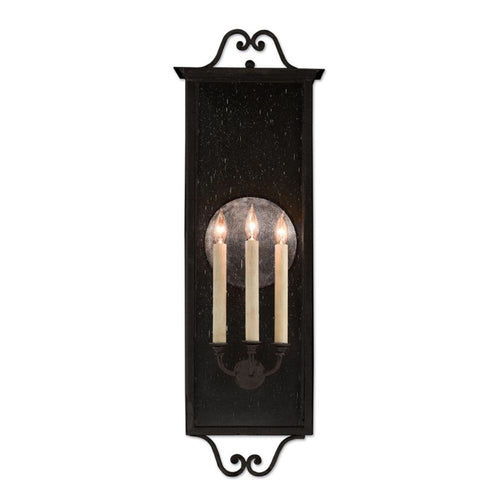 black iron 3-light outdoor wall sconce seeded glass scroll top
