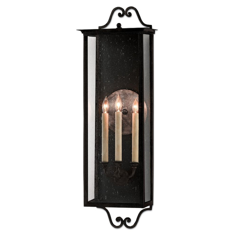 black iron 3-light outdoor wall sconce seeded glass scroll top