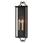 black iron 2-light outdoor wall sconce seeded glass scroll top