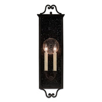 black iron 2-light outdoor wall sconce seeded glass scroll top