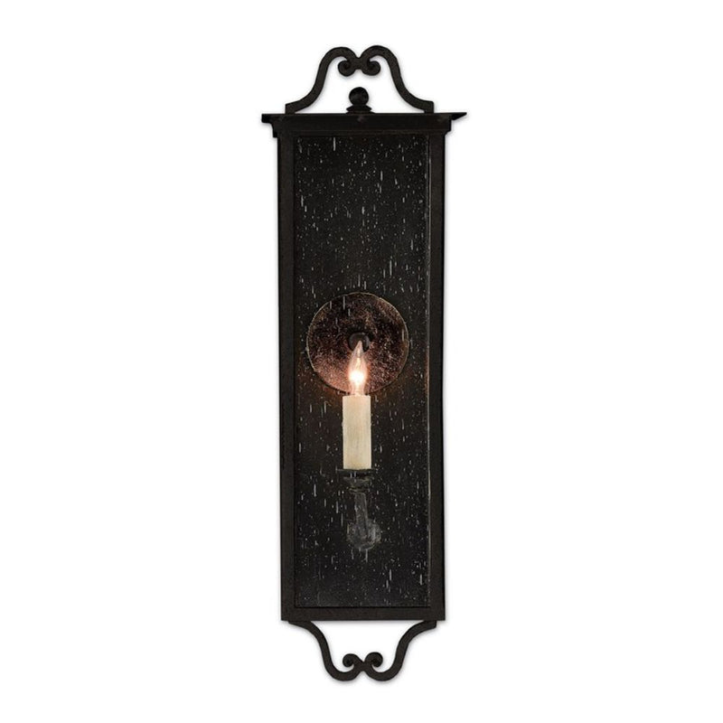 black iron 1-light outdoor wall sconce seeded glass scroll top
