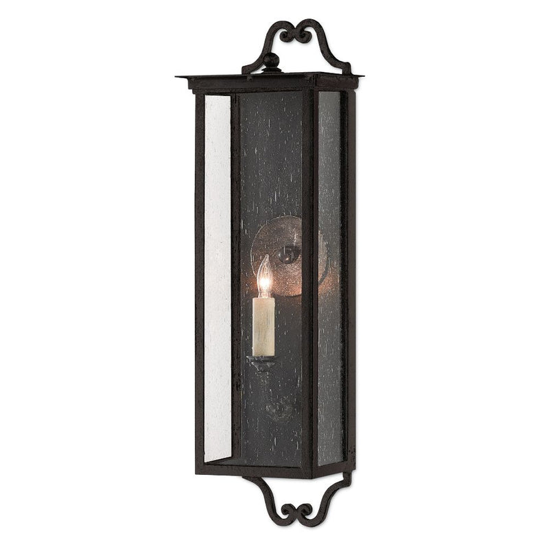 black iron 1-light outdoor wall sconce seeded glass scroll top