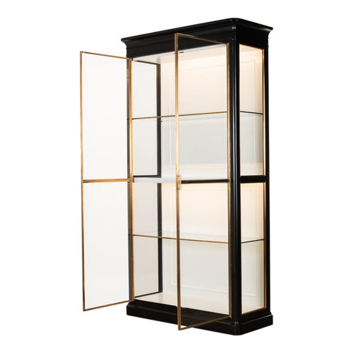 black wood framed etagere glass enclosed brass trim