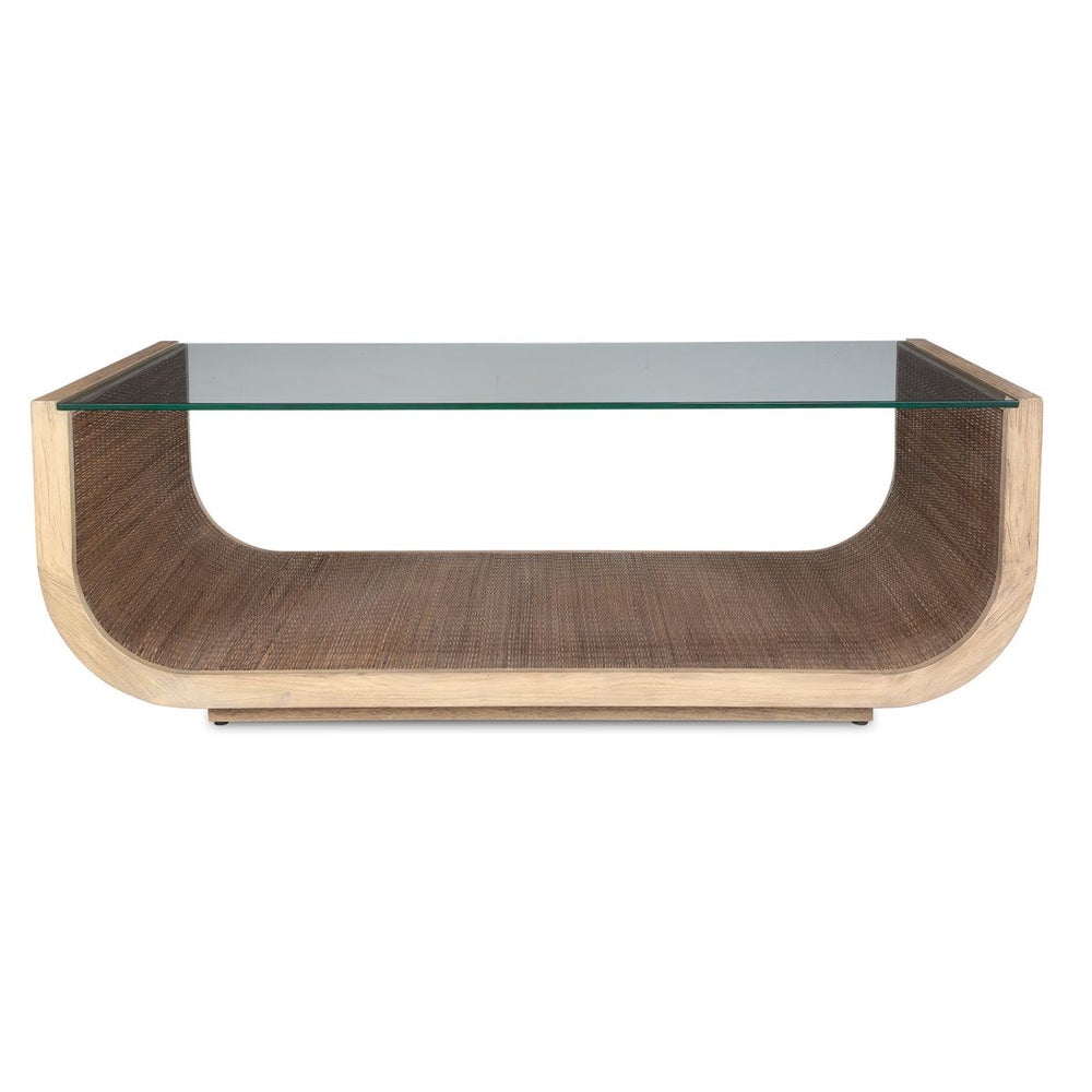 coffee table glass top woven wood detail driftwood gray finish